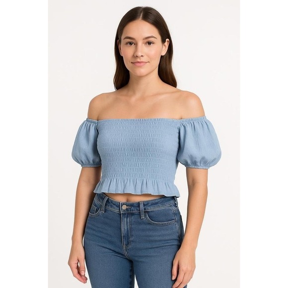 Simply Southern Blouse Women's Size XXL Light Blue Crop Top Smocked Off Shoulder - Picture 1 of 8